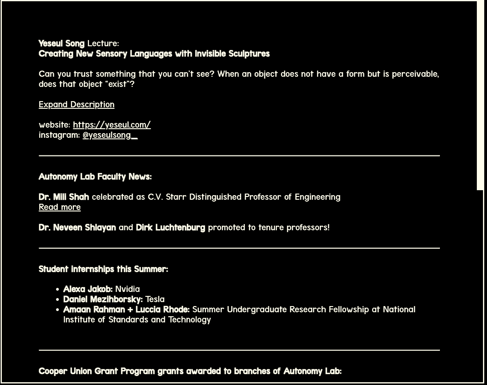 The Autonomy Lab news feed after sunset, warm white type on black, custom monoline and pixel faces, everything set by the hour