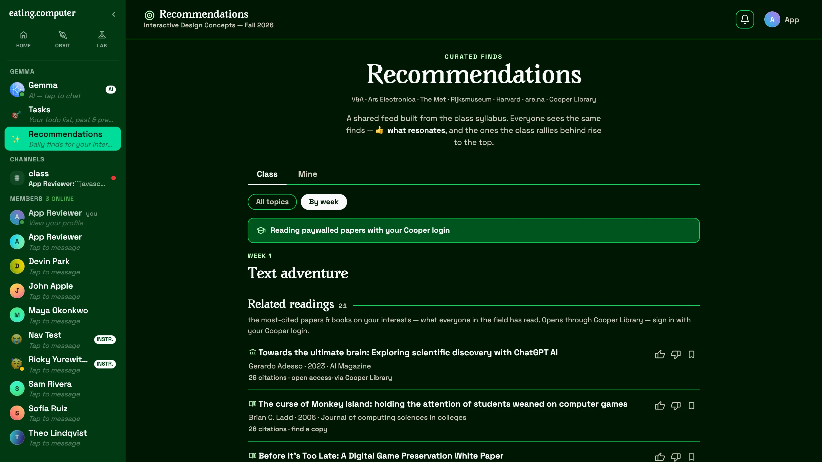 Recommendations: academic readings per week of the syllabus, opened through the Cooper library