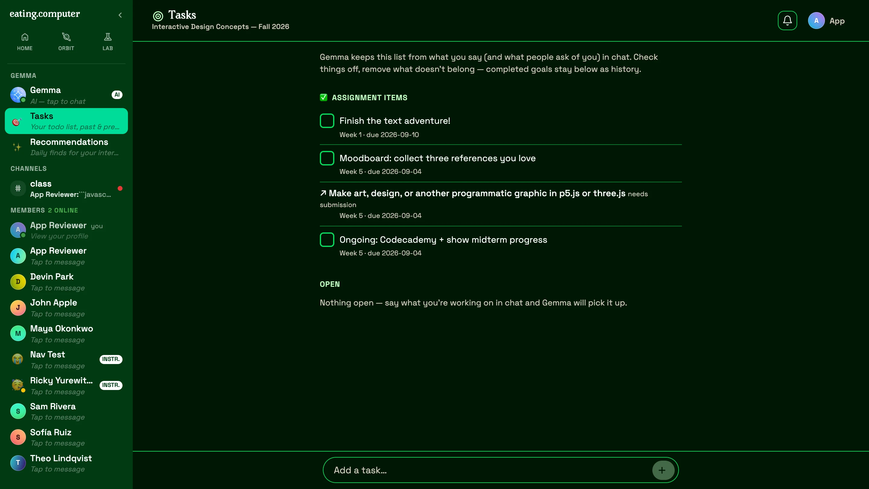 Tasks: Gemma builds the list from chat and assignments, and keeps completed items as history