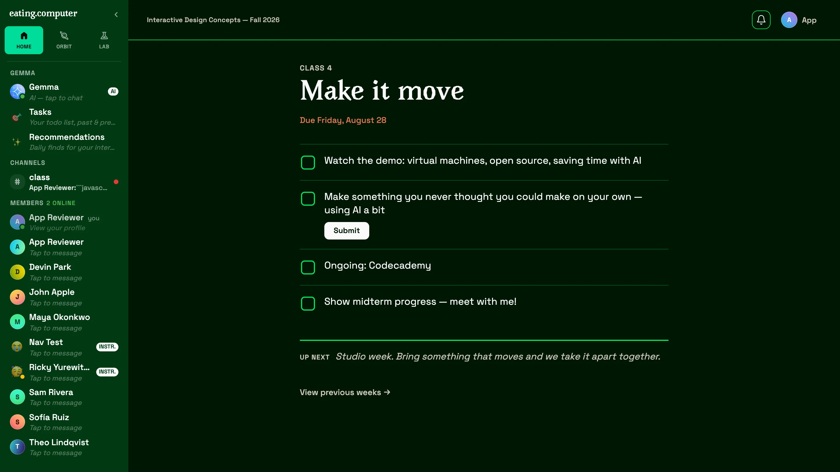 Home, as a student sees it: the week's assignment and its checklist