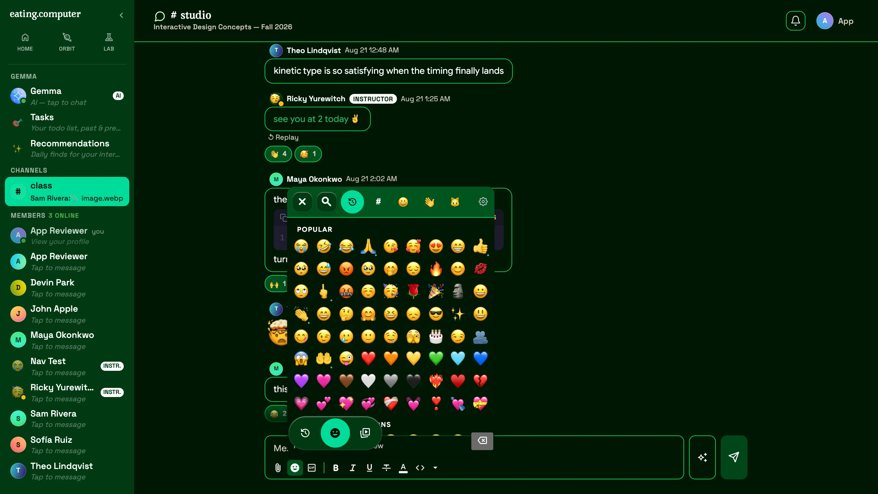 The expression picker: emoji, animated emotes, custom uploads, GIFs