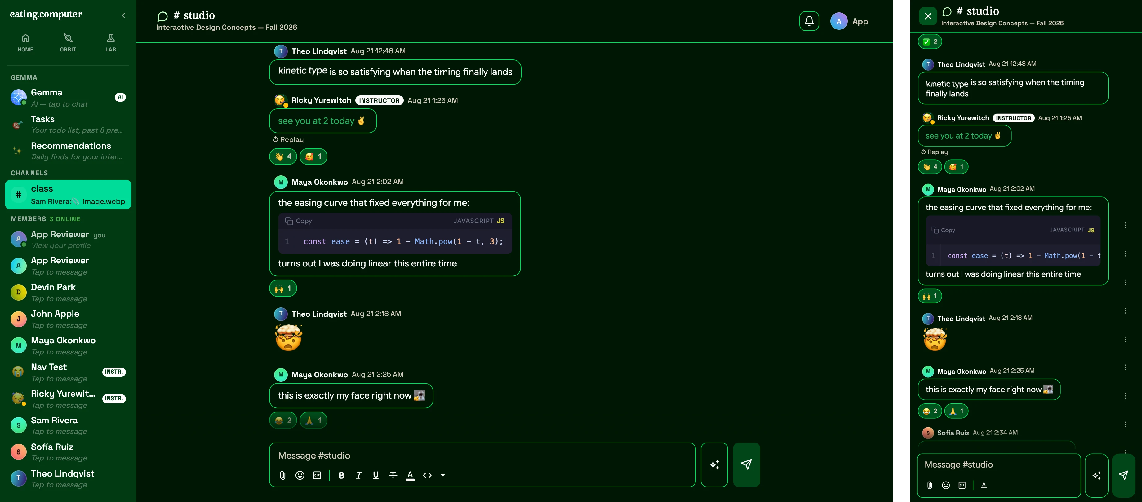 The same class session on a laptop and in the iOS app
