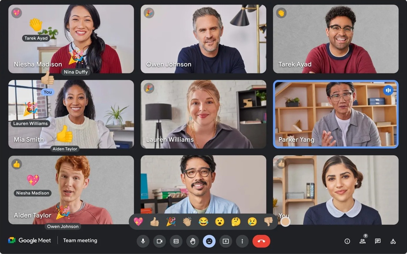 Reactions in a Google Meet call, from Google's launch announcement.