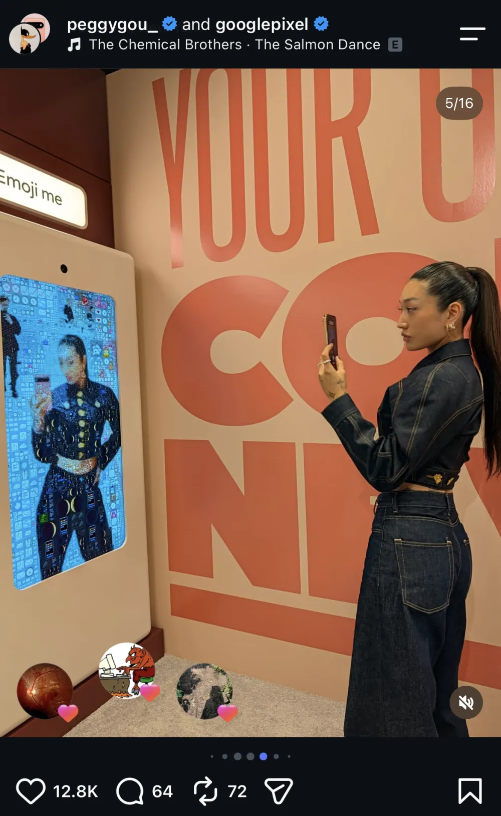 Peggy Gou standing beside the installation, phone up, her own mosaic on the screen