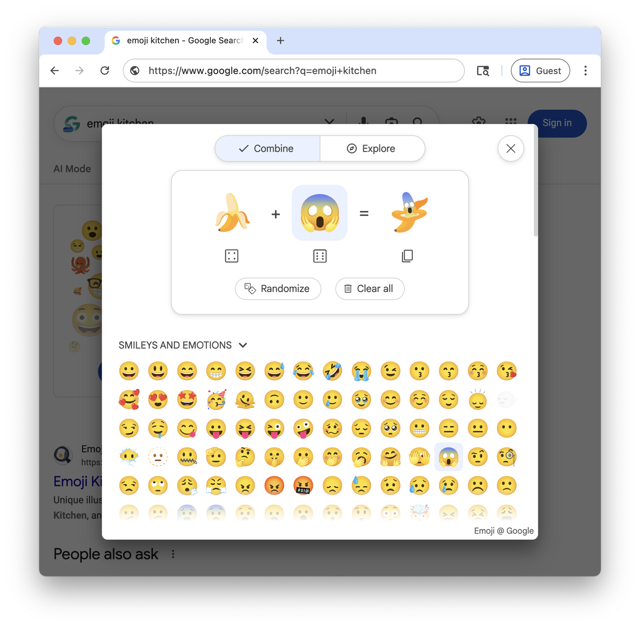 The mixer opening over the Google results page