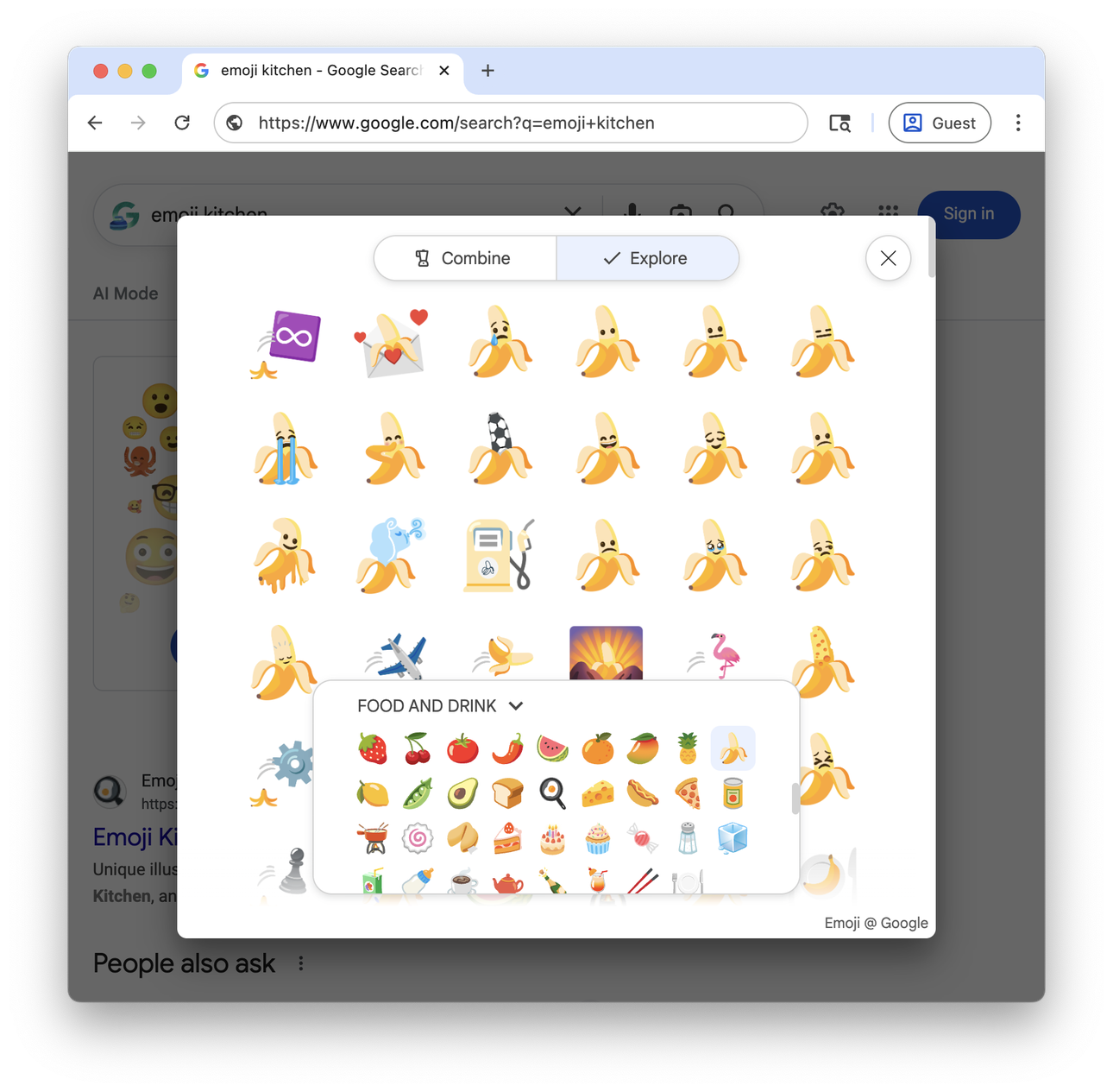 Explore mode, showing every combination for the banana