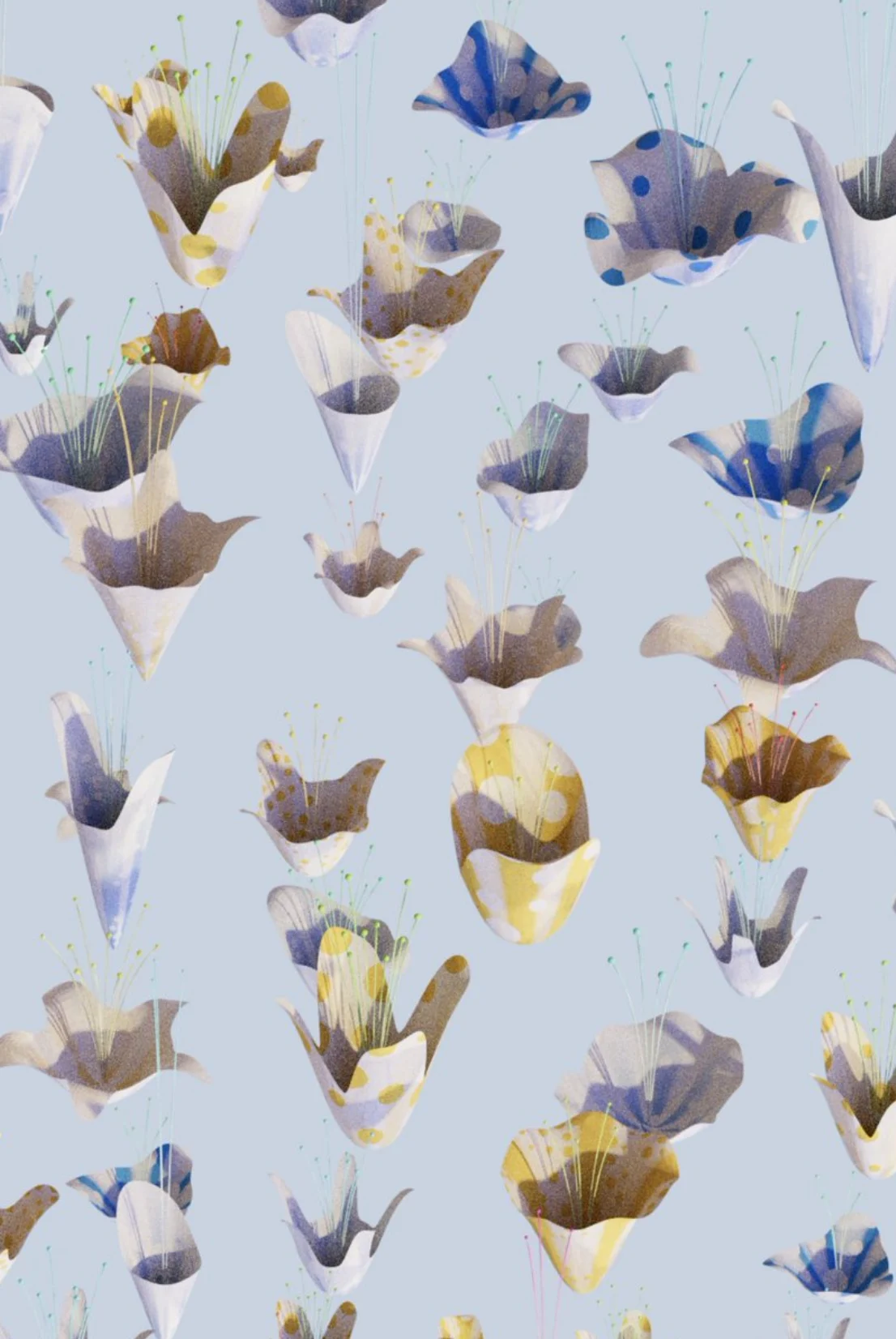 Dotted flowers from the minted piece: polka spots, blotches and speckles, colors set by the palette