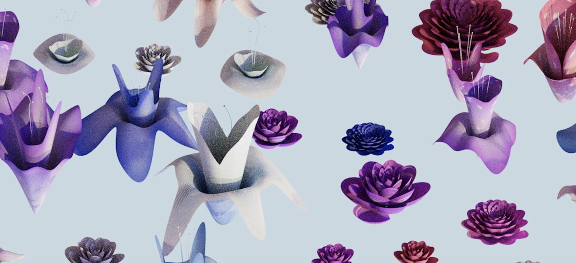The minted grid: every flower generated from the hash, no two alike