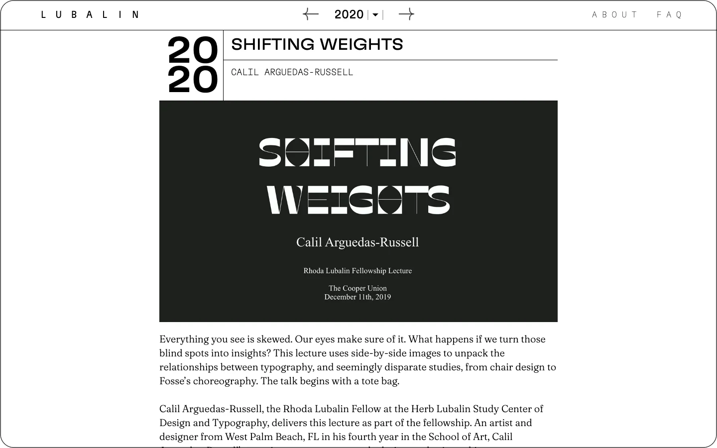 2020, Shifting Weights: modular experimental type on a near-black lecture poster