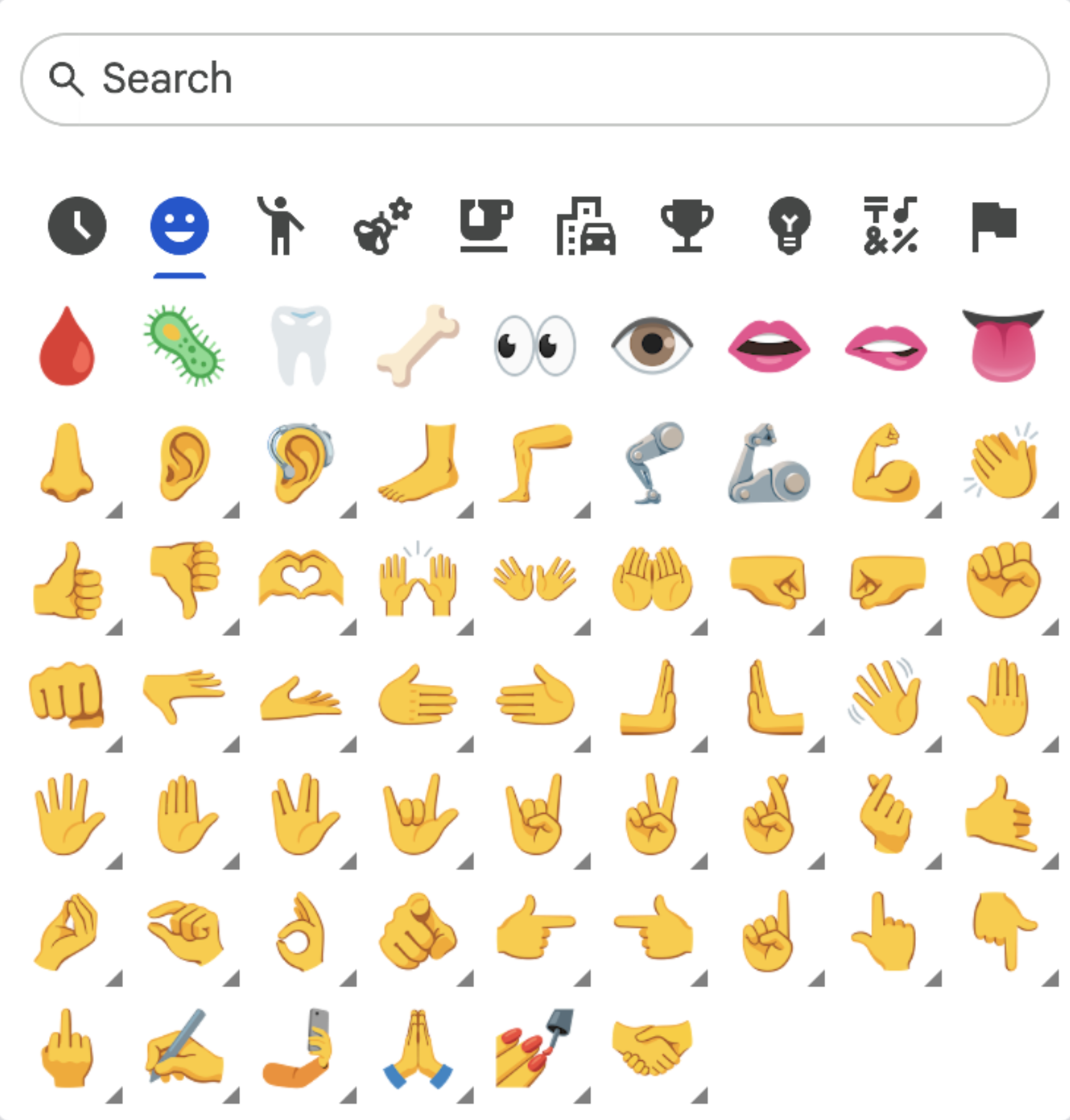 The emoji picker showing the hand emoji with tone options